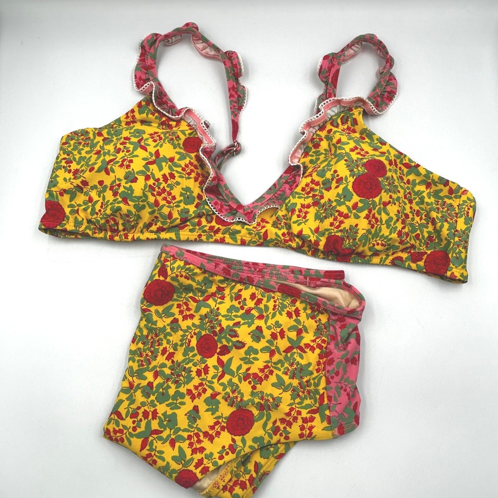 Roller Rabbit Bikini Set Yellow Floral Womens XL Top, Lg Bottom Ruffle EUC